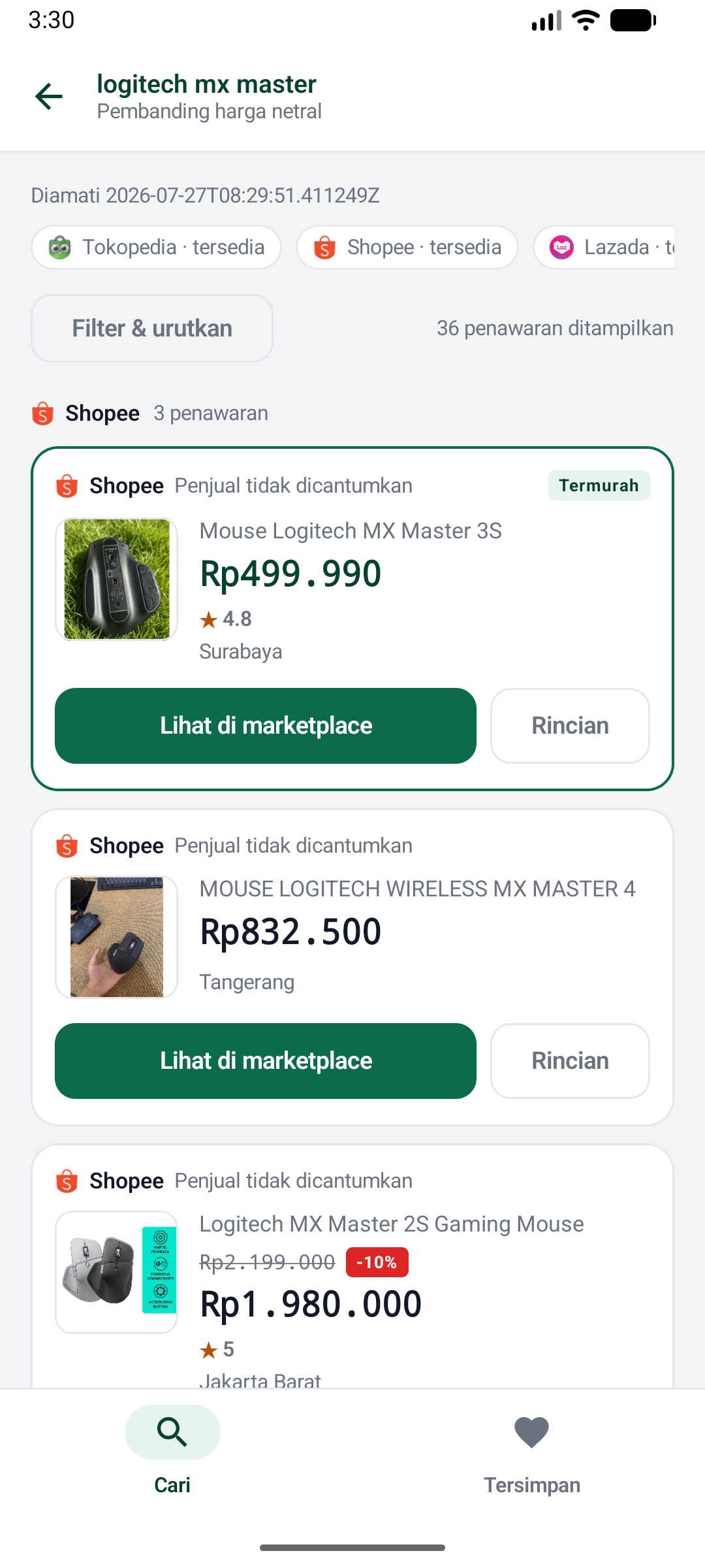 Ceki results screen showing offers for one product from several marketplaces, each with its price, rating, and seller location.